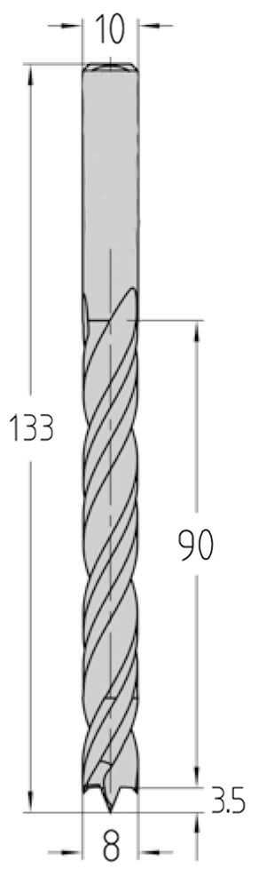Technische Zeichnung des JSO Spiralbohrers VHW Ø 8mm Spirallänge 90mm, Zentrierspitze 3,5mm und GL 133mm im Holzfräsershop.