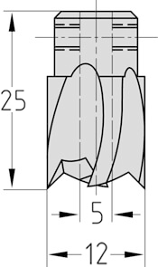 Technische Zeichnung des JSO HS Aufsteck-Stufensenkers Ø 12/5mm, Bohrung 5mm und GL 25mm.
