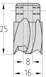Technische Zeichnung des JSO HS Aufsteck-Stufensenkers Ø 16/8mm, Bohrung 8mm und GL 25mm.
