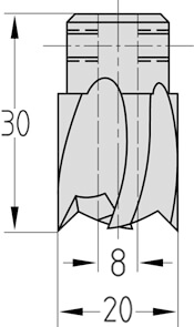 Technische Zeichnung des JSO HS Aufsteck-Stufensenkers Ø 16/8mm, Bohrung 8mm und GL 25mm.