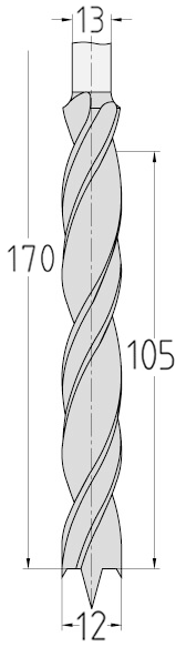 Technische Zeichnung des JSO HS Staketenbohrers Ø 12mm, Spirallänge 105mm, Schaft 13mm und GL 170mm.