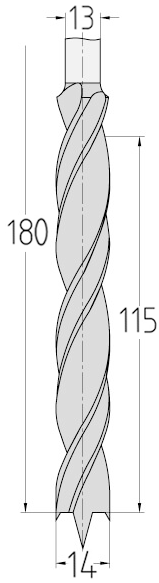 Technische Zeichnung des JSO HS Staketenbohrers Ø 14mm, Spirallänge 115mm, Schaft 13mm und GL 180mm.