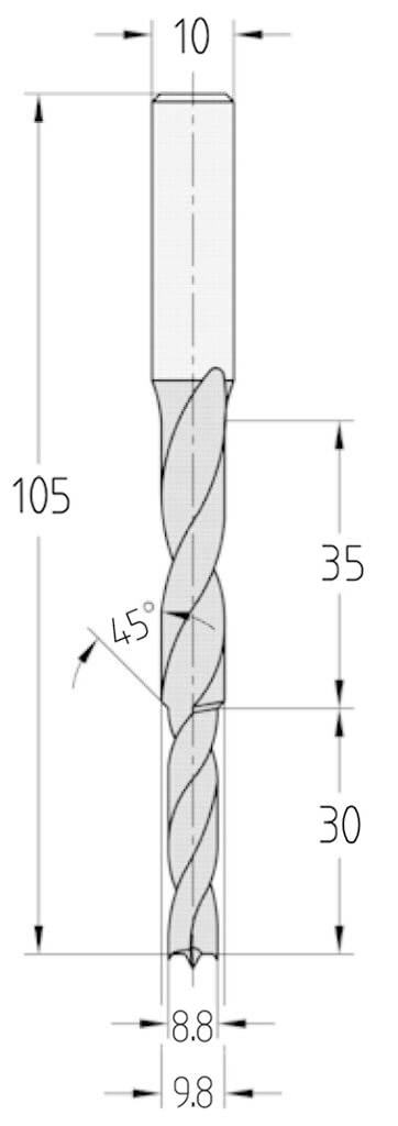Technische Zeichnung des JSO HS Stufenbohrers Ø 9,8/8,8mm, Nutzlänge 30/35mm, Schaft 10mm und GL 105mm.