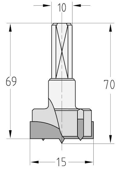 Technische Zeichnung des JSO Zylinderkopfbohrers HW Ø 15mm Linkslauf mit Gesamtlänge 70mm und Schaft 10mm im Holzfräsershop.