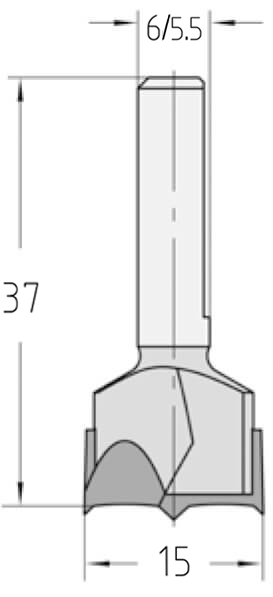 Technische Zeichnung des JSO Cabineo-Bohrers HW Ø 15mm Rechtslauf für Atemag mit Schaft 6/5,5x22,5mm und GL 37mm im Holzfräsershop.