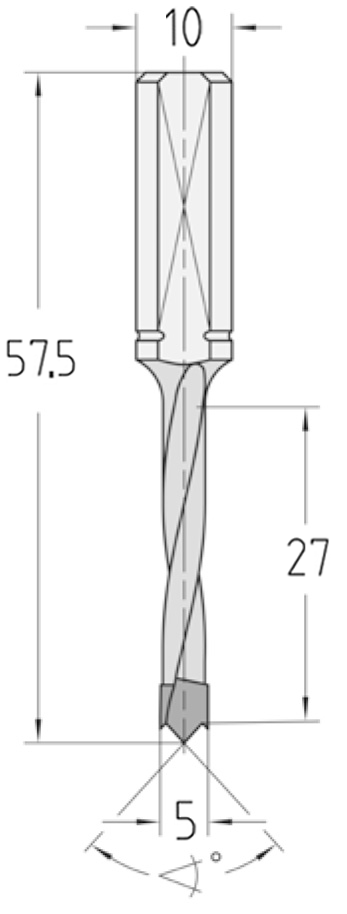 Technische Zeichnung des JSO ISODUR HW Dübellochbohrers Ø 5 mm Rechtslauf mit Spirallänge 27 mm, Flachspitze, Schaft 10 mm und Gesamtlänge 57,5 mm im Holzfräsershop.