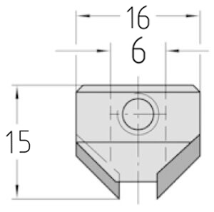 Technische Zeichnung des JSO HW Aufstecksenkers 90° Ø 16mm, Bohrung 6mm und GL 15mm.