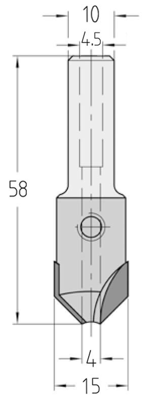 Technische Zeichnung des JSO HW Senkers 90° Ø 15mm, Bohrung 4mm, Schaft 10mm und GL 58mm.