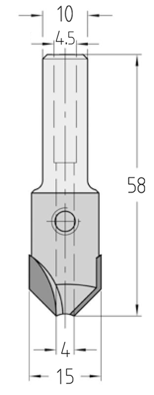 Technische Zeichnung des JSO HW Senkers 90° Ø 15mm Linkslauf, Bohrung 4mm, Schaft 10mm und GL 58mm.