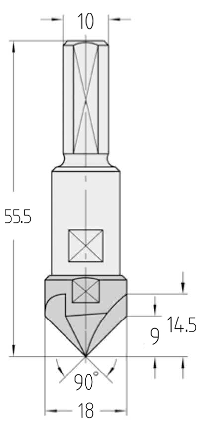 Technische Zeichnung des JSO VHW Senkers 90° Ø 18mm, Nutzlänge 14,5mm, Faselänge 9mm, Schaft 10mm und GL 55,5mm.