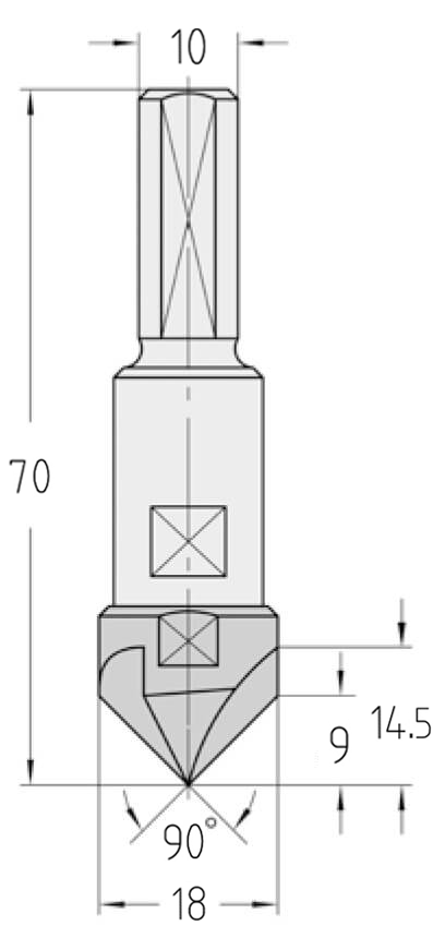 Technische Zeichnung des JSO VHW Senkers 90° Ø 18mm, Nutzlänge 14,5mm, Faselänge 9mm, Schaft 10mm und GL 70mm.