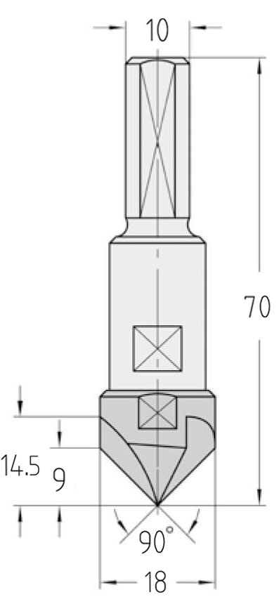Technische Zeichnung des JSO VHW Senkers 90° Ø 18mm, Nutzlänge 14,5mm, Faselänge 9mm, Schaft 10mm und GL 70mm.