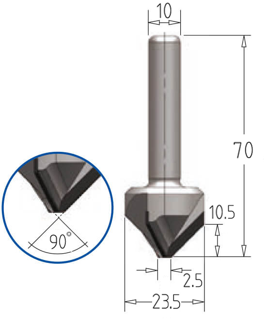 Technische Zeichnung des AKE DP Diamant Senkers 90° Ø 23,5mm, Nutzlänge 10,5mm, Schaft 10mm und GL 70mm.