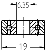 Technische Maßzeichnung des Kugellagers: Details zum Außendurchmesser 19 mm und Bohrungsdurchmesser 6,35 mm.