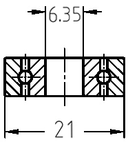 Technische Maßzeichnung des Kugellagers: Details zum Außendurchmesser 21 mm und Bohrungsdurchmesser 6,35 mm.