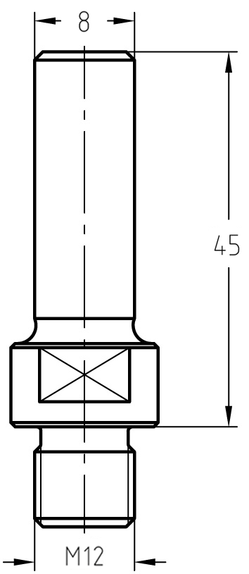 Technische Maßzeichnung des JSO Gewinde-Reduzierstücks mit genauen Angaben zum 8 mm Schaftdurchmesser, M12-Anschluss und der Gesamtlänge von 45 mm.