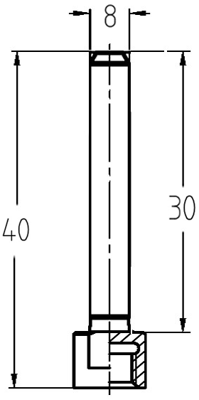 Technische Zeichnung des JSO Wechselschaftes mit Schaft 8mm, Einspannlänge 30mm und Gesamtlänge 40mm.