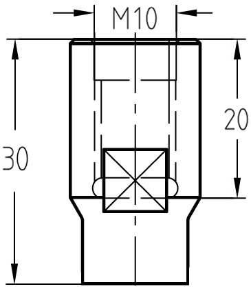 Technische Zeichnung des JSO Wechselschaftes mit Innengewinde M10, Anschluss M8x1 und Gesamtlänge 30mm.