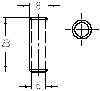 Technische Maßzeichnung der JSO Reduzierhülse mit exakten Angaben zum Außendurchmesser 8 mm, Innendurchmesser 6 mm und der Gesamtlänge von 23 mm.