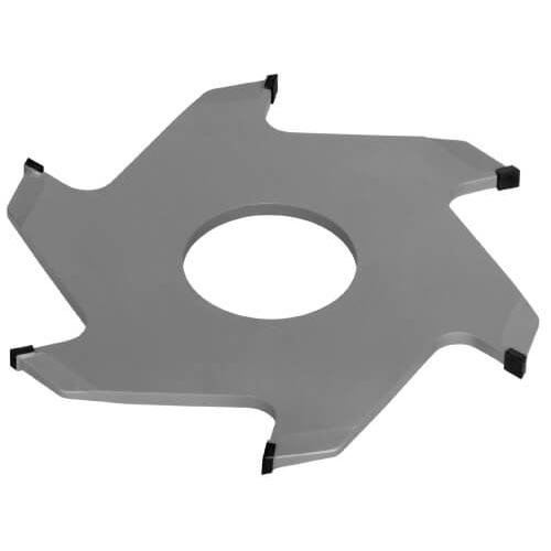 Gehärteter JSO CNC-Diamant-Scheibennutfräser DP mit einem Durchmesser von 100 mm, einer Schnittbreite von 5,0 mm, sechs diamantbestückten Flachtähnen und einer stabilen 30 mm Bohrung im Holzfräsershop.