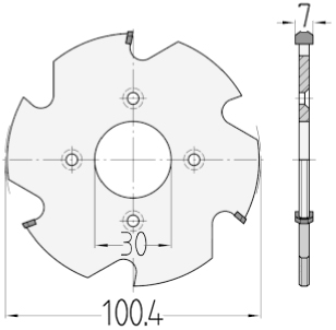 Technische Maßzeichnung des JSO CNC-Diamant-Scheibennutfräsers mit exakten Bemaßungen für Durchmesser 100,4 mm, Schnittbreite 7,0 mm, Spindelbohrung 30 mm sowie die präzise geometrische Anordnung der drei DP-Schneidsegmente im Holzfräsershop.