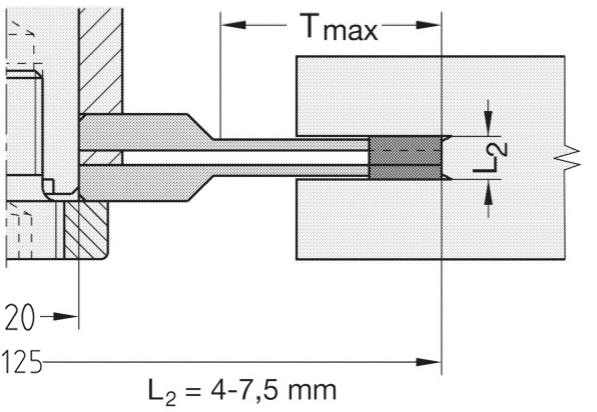 Technische Maßzeichnung des zweiteiligen JSO Wendeplatten-Verstellnuters mit exakten Bemaßungen für Durchmesser 125 mm, Schnittbreite 4,0 bis 7,5 mm, maximale Schnitttiefe 5 mm, Keilnut 6 x 1,5 mm, Spindelbohrung 20 mm sowie der Anordnung der Z = 2+2 Hauptschneiden und V = 4 Vorschneider im Holzfräsershop.