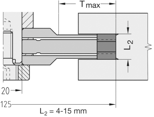 Technische Maßzeichnung des zweiteiligen JSO Wendeplatten-Verstellnuters mit exakten Bemaßungen für Durchmesser 125 mm, Schnittbreite 4,0 bis 15,0 mm, maximale Schnitttiefe 5 mm, Keilnut 6 x 1,5 mm, Spindelbohrung 20 mm sowie der Anordnung der Z = 2+2 Hauptschneiden und V = 4 Vorschneider im Holzfräsershop.