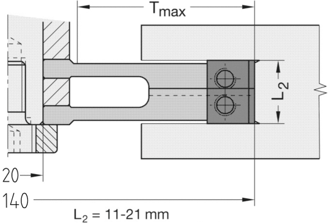 Technische Maßzeichnung des zweiteiligen JSO Wendeplatten-Verstellnuters mit exakten Bemaßungen für Durchmesser 140 mm, Schnittbreite 11,0 bis 21,0 mm, maximale Schnitttiefe 32 mm, Keilnut 6 x 1,5 mm, Spindelbohrung 20 mm sowie der Anordnung der Z = 2+2 Hauptschneiden und V = 4 Vorschneider im Holzfräsershop.