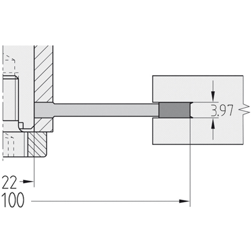Technische Maßzeichnung des JSO Wendeplatten-Scheibennutfräsers mit exakten Bemaßungen für Durchmesser 100 mm, Schnittbreite 3,97 mm, Bohrung 22 mm sowie der präzisen geometrischen Anordnung der Hauptschneiden und Vorschneider im Holzfräsershop.