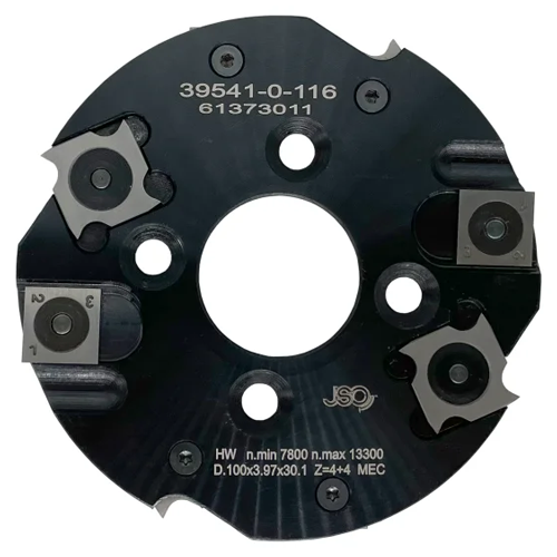 JSO CNC-Wendeplatten-Scheibennutfräser HW mit einem Durchmesser von 100 mm, einer präzisen Schnittbreite von 3,97 mm, vier Hauptschneiden (Z = 2+2), vier Vorschneidern (V = 4) und einer stabilen 30 mm Spindelbohrung im Holzfräsershop.