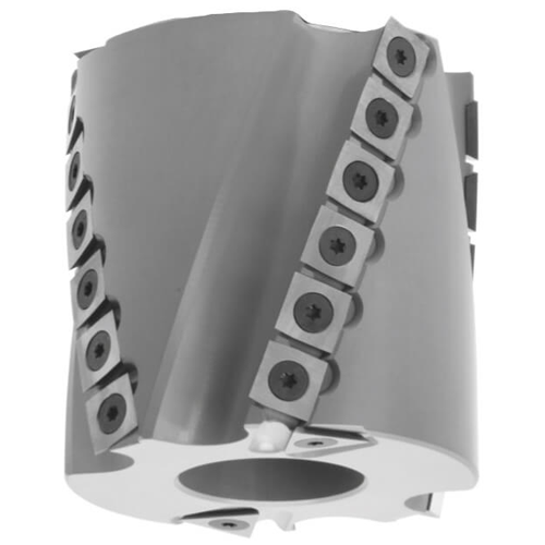 JSO CNC-Wendeplatten-Spiralmesserkopf mit 30 mm Bohrung, 100 mm Durchmesser und 100 mm Schnittbreite, bestückt mit wendelförmig versetzten Hartmetall-Wendeplatten (HW) und vier Vorschneidern für den Holzfräsershop.