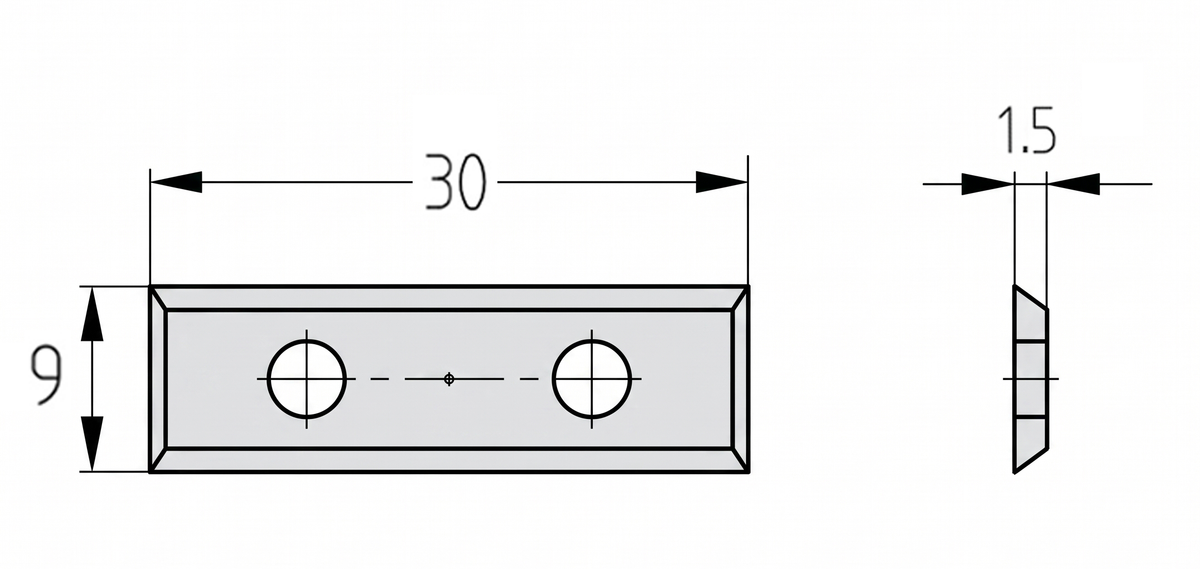 Technische Zeichnung der  Wendeplatte 30 x 9 x 1,5 mm mit Bohrungsabständen und Schneidengeometrie.