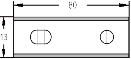 Technische Konstruktionszeichnung der Wendeplatte 80,0 x 13,0 x 2,2 mm mit Bemaßung von Länge (L), Breite (B) und der verstärkten Stärke (s).