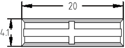 Technische Zeichnung der Mini-Wendeplatte 20,0 x 4,1 x 1,1 mm mit Bemaßung von Länge (L), Breite (B) und Stärke (s).