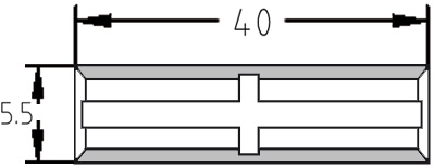 Technische Konstruktionszeichnung der Mini-Wendeplatte 40,0 x 5,5 x 1,1 mm mit präziser Bemaßung von Länge (L), Breite (B) und Stärke (s).