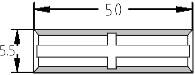 Technische Konstruktionszeichnung der Mini-Wendeplatte 50,0 x 5,5 x 1,1 mm mit Bemaßung von Länge (L), Breite (B) und Stärke (s).