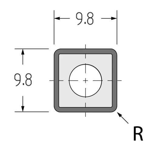 Technische Zeichnung der quadratischen JSO FourCut Diamant-Wendeplatte 9,8 x 9,8 x 2 mm mit Eckenradius und Senkbohrung.