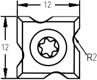 Technische Zeichnung der Profil-Wendeplatte 12,0 x 12,0 x 1,5 mm mit Bemaßung des R 2,0 mm Radius.