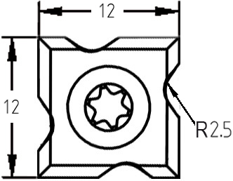 JSO Hartmetall (HW) Abrund-Wendeplatte R 2,5 mm, quadratisch mit 4-seitiger Profilierung und zentraler Bohrung.