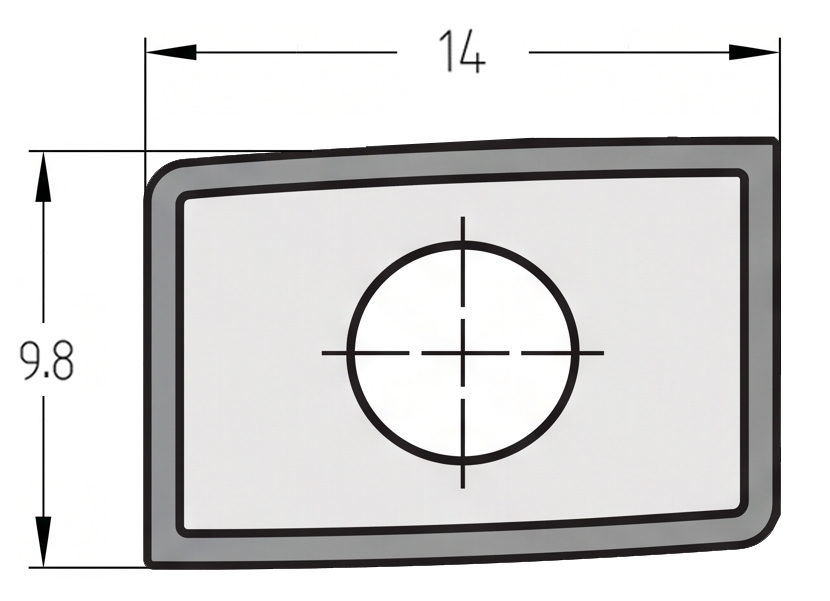 Technische Zeichnung der JSO bombierten DP Wendeplatte 14x9,8x2 mm mit Bemaßung von Bombierung, Bohrung und Plattendicke.