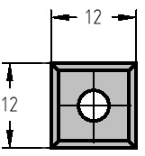 Maßzeichnung der quadratischen Wendeplatte 12,0 x 12,0 x 1,5 mm mit Bemaßung der Kantenlänge und Plattenstärke.