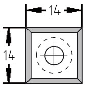 Maßzeichnung des Vorschneiders 14,0 x 14,0 x 2,0 mm mit Bemaßung der Kantenlänge, Stärke und der Senkbohrung.