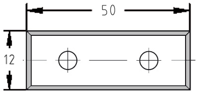 Technische Zeichnung der 50 mm Wendeplatte mit Bemaßung von Länge, Breite, Stärke und dem Abstand der zwei Bohrungen.