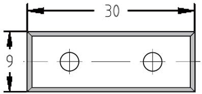 Technische Konstruktionszeichnung der 30x9 mm Wendeplatte mit Bemaßung von Länge, Breite, Stärke und Bohrungsabstand.