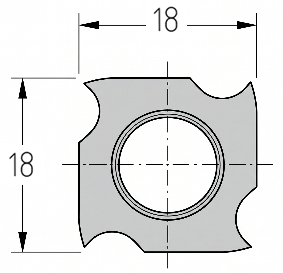 Technische Zeichnung der sternförmigen  Wendeplatte 18 x 18 x 2 mm mit Senkbohrung und Radiusangaben.