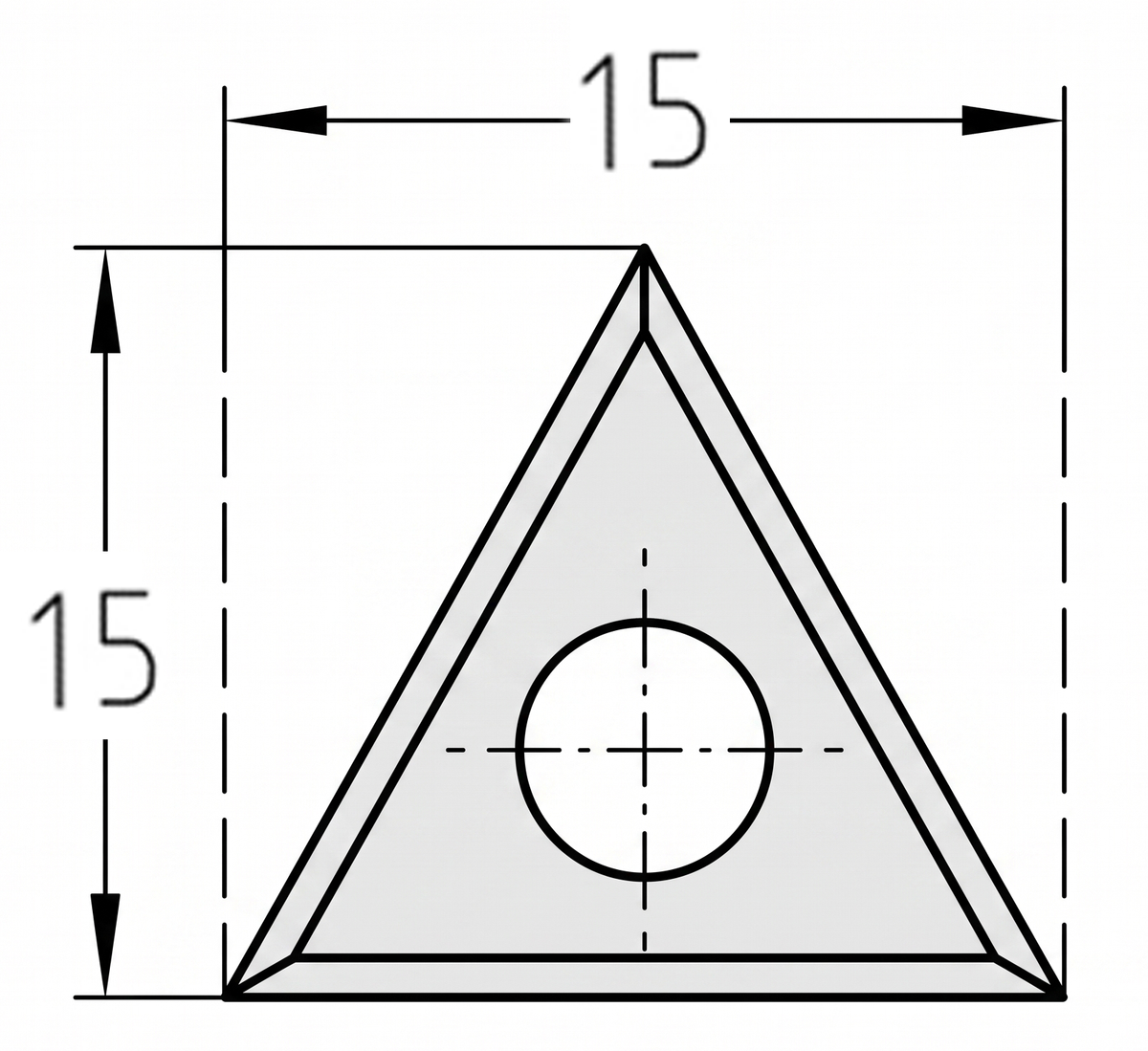 Technische Zeichnung des Dreieck-Vorschneiders 15 x 15 x 2,5 mm mit Bohrungsabmessungen und Schneidengeometrie.