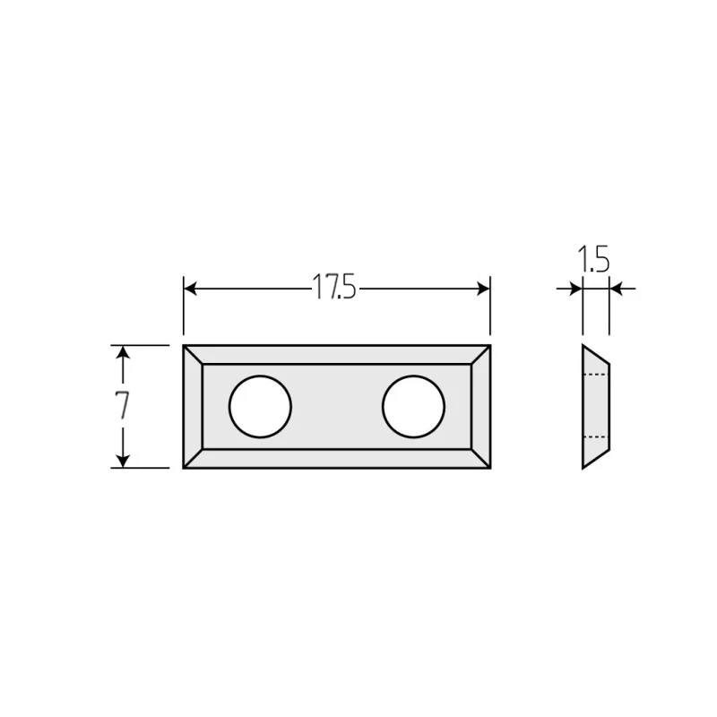 Technische Zeichnung der Wendeplatte 17,5 x 7 x 1,5 mm mit Bohrungsabständen und Schneidengeometrie.