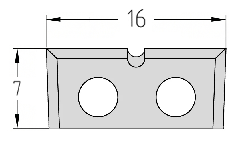 Technische Zeichnung der JSO Wendeplatte 16 x 7 x 1,5 mm Type A mit Spanbrechernut und Bohrungsabständen.