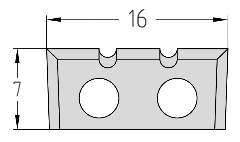 Technische Zeichnung der JSO Wendeplatte 16 x 7 x 1,5 mm Type A mit Spanbrechernut und Bohrungsabständen.