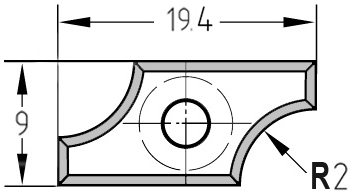 Technische Zeichnung der Unitec-Wendeplatte 19,4 x 9,0 x 1,5 mm mit exakter Position des R 2,0 mm Radius.